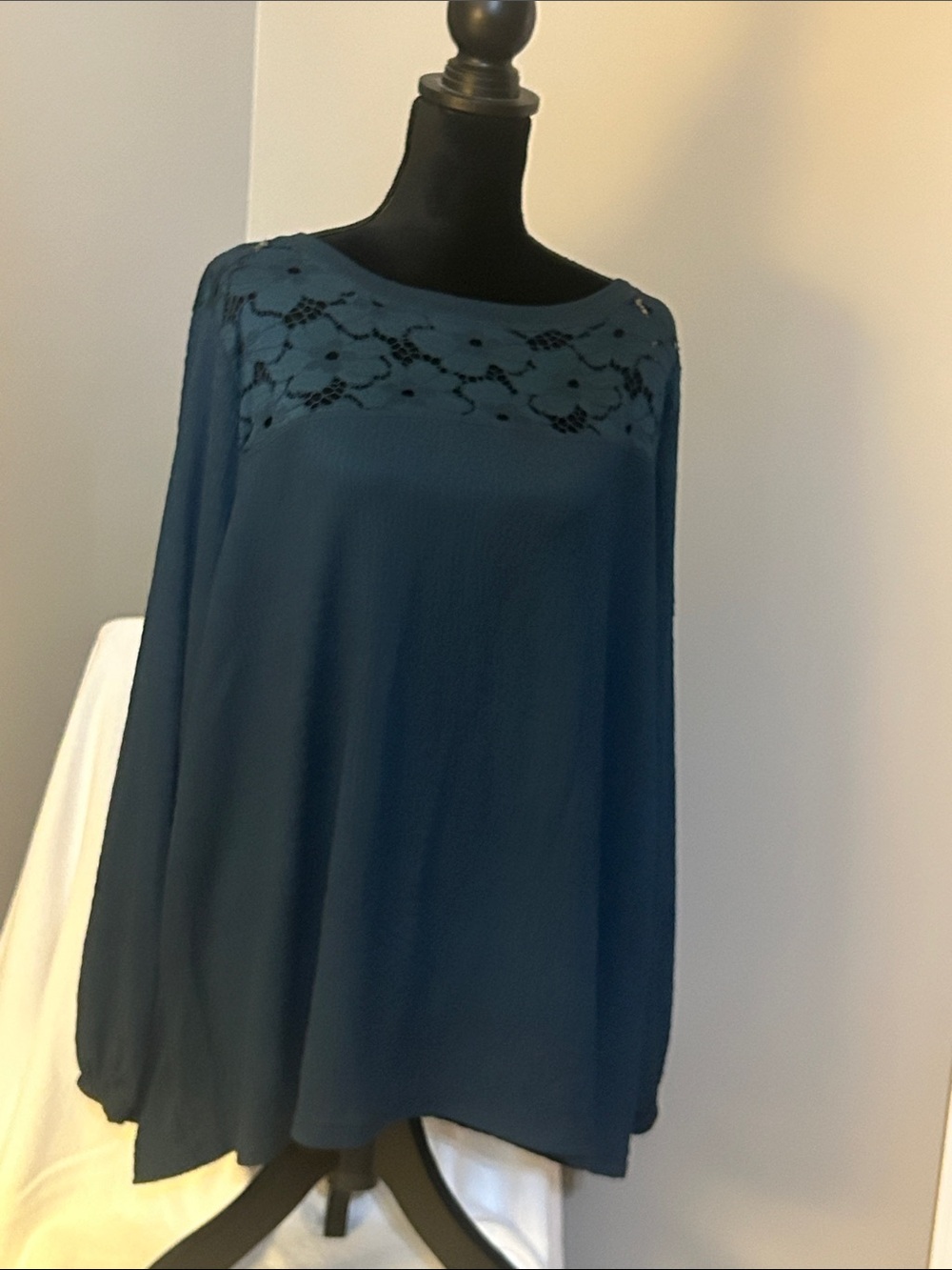 Absolutely Famous Teal Lace Yoke Long Sleeve Blouse